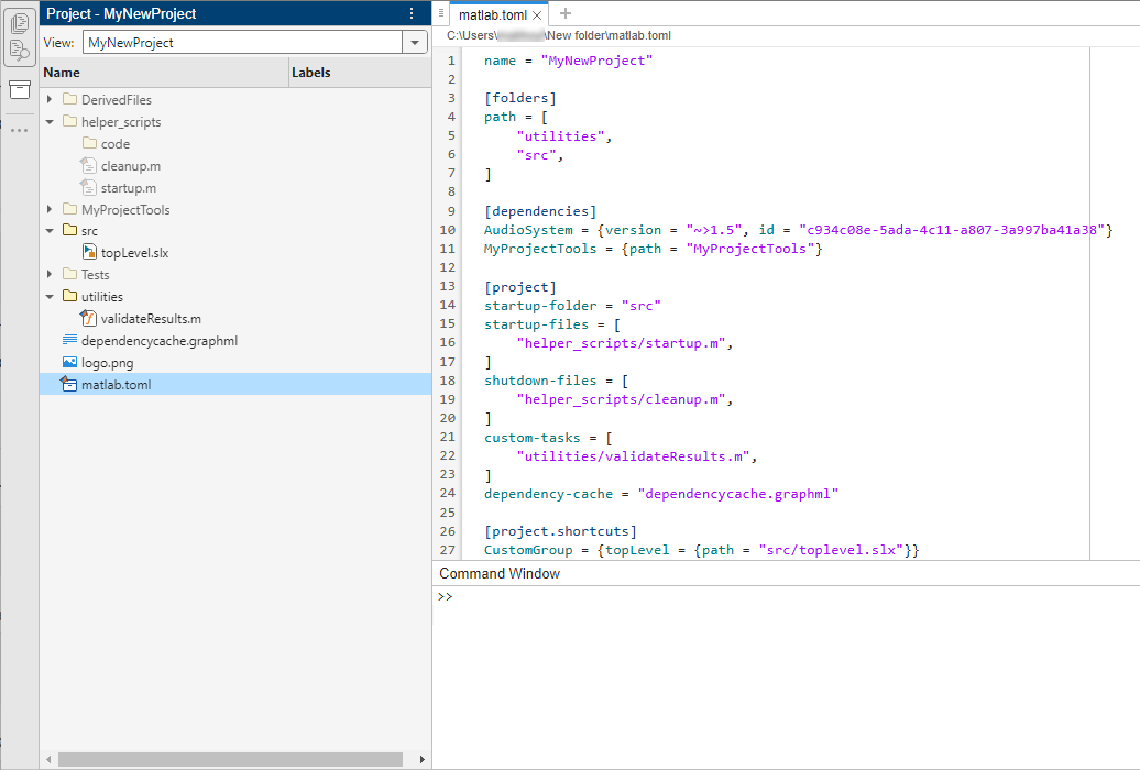 MATLAB Desktop shows the Project panel on the left with the TOML file selected and the TOML file open in the MATLAB Editor.