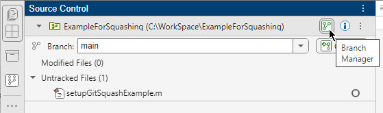 Source Control panel with mouse cursor pointing to Branch Manager button