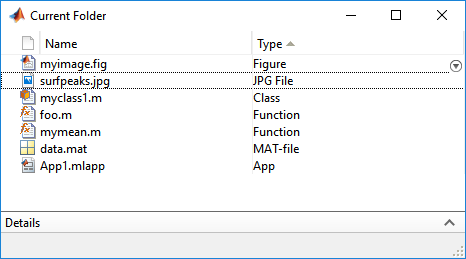 Current Folder browser showing a list of files with a column for the filename and a column for the file type