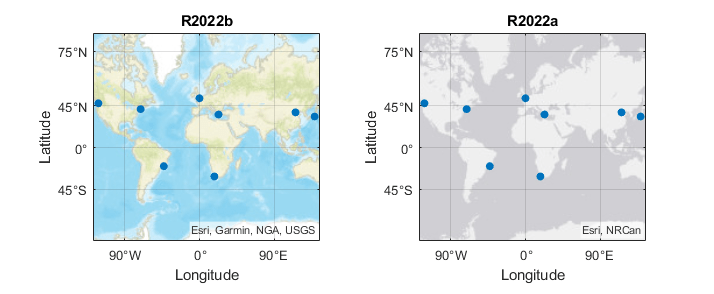 Two geographic plots. The first plot was created in R2022b, and it displays the specified streets basemap. The second plot was created in R2022a, and it displays the streets-light basemap.