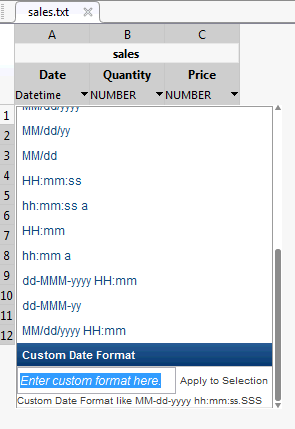 List of Import Tool options for date and time formats. There is a text field to apply a custom date format to the selected data.