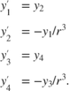 $$\begin{array}{cl} y'_1 &= y_2\\ y'_2 &= -y_1/r^3\\ y'_3 &= y_4 \\ y'_4
&= -y_3/r^3.\end{array}$$