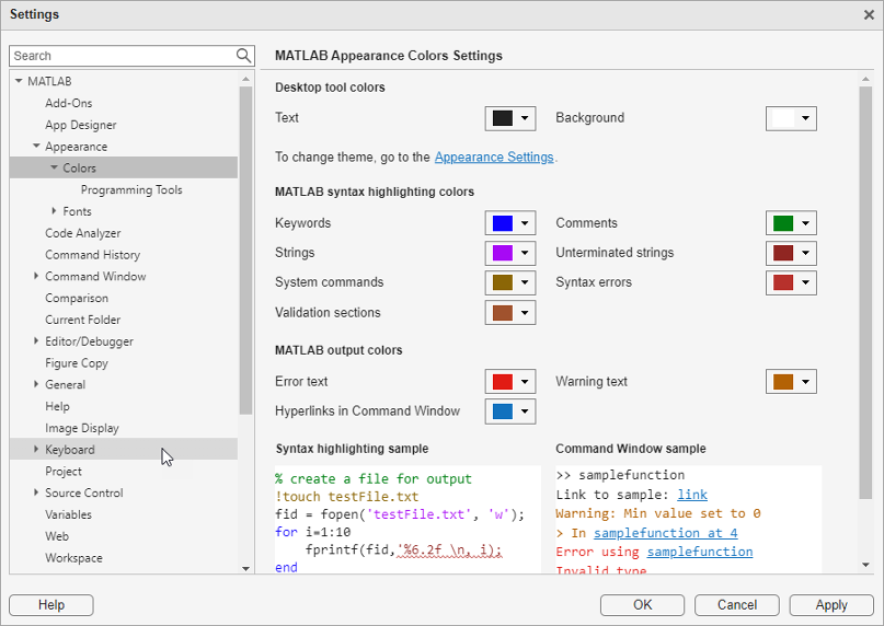 Settings window displaying the MATLAB Colors Settings page
