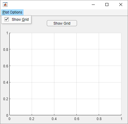 An app with a menu bar, button, and set of axes. The "Show Grid" menu item has a checked check box to the left of the text.