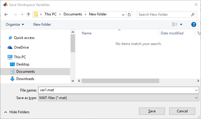 Save Workspace Variables dialog box. The dialog box has options to browse file locations, specify a file name and file type to save as, and buttons to save and cancel. The file name is specified as "var1.mat".