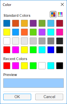 Color picker. The window contains images of standard colors, recent colors, and a preview of the default light blue color. There are OK and Cancel buttons at the bottom of the window.