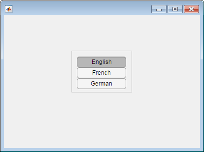 Three toggle buttons in a button group. The buttons have the text "English", "French", and "German". The "English" button is selected.