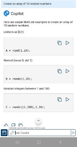 Copilot Chat showing the response, which can include code for several ways to create the array, links to MATLAB documentation, and clickable follow-up prompts.