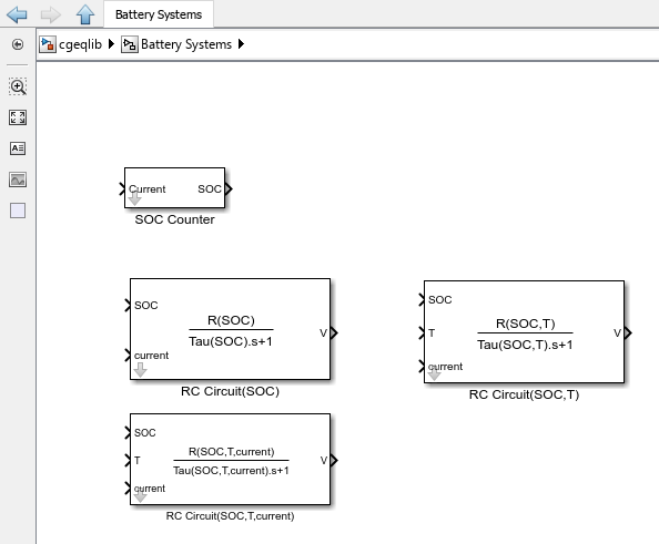 the Battery Systems sublibrary. The library has four masked blocks. Each block contains a combination of supported blocks that CAGE already supports.