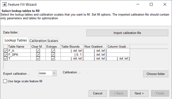 Feature Fill Wizard dialog showing lookup tables and calibration scalars with options for table bounds, gradients, and calibration file import.