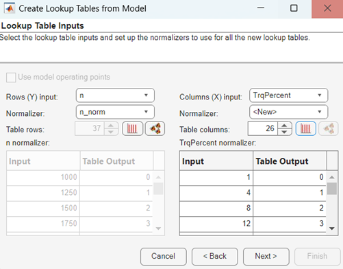 Create lookup tables from model dialog box.