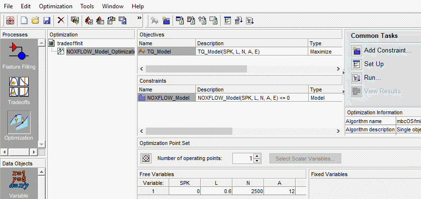 Optimization setup window showing objectives, constraints, free and fixed variables, number of operating points, and common tasks panel with options like Add Constraint, Set Up, and Run.