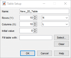 Dialog box titled ‘Table Setup’ with fields to configure a 2D table: Name set to ‘New_2D_Table’, Rows and Columns both set to 10 with dropdowns labeled N and L, Initial value set to 0, and options to select or clear fill table source.