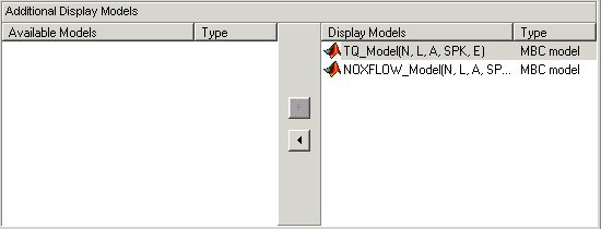 Additional Display Models dialog showing two lists: Available Models (empty) and Display Models containing TQ_Model and NOXFLOW_Model, both labeled as MBC models.