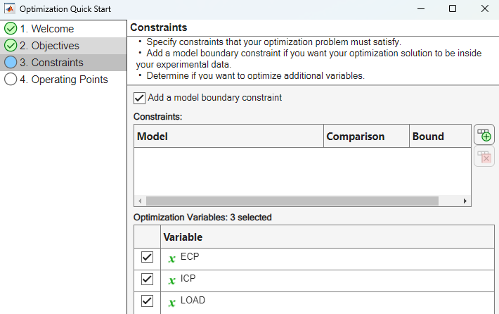 Optimization Quick Start dialog box displaying the Constraints page.
