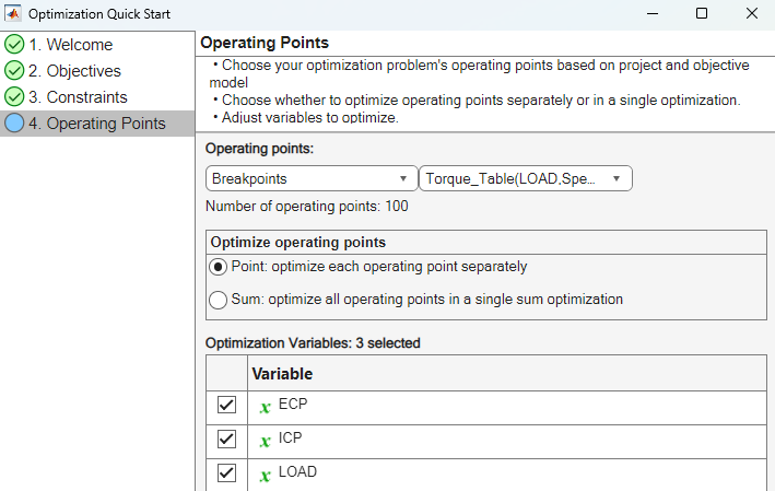 Optimization Quick Start dialog box displaying the Operating Points page.