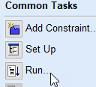 Common Tasks menu showing options: Add Constraint, Set Up, and Run with a cursor on Run.