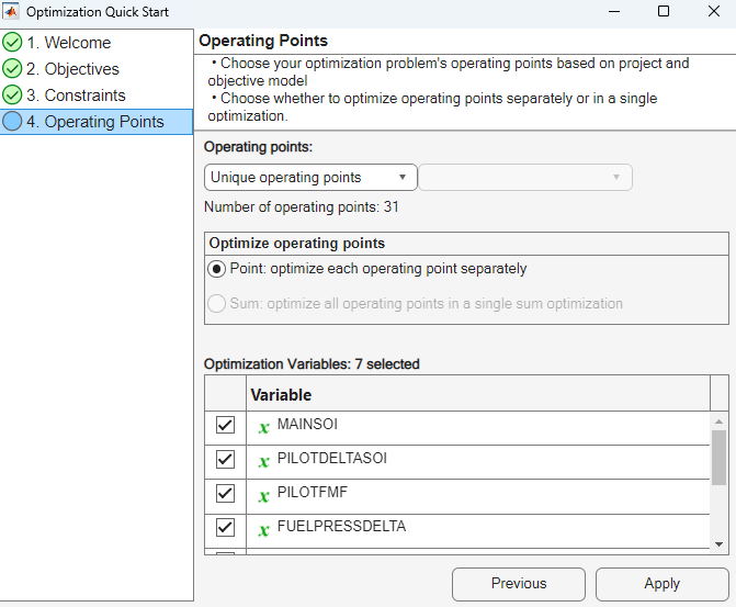 Create optimization from model with 7 free variables selected.