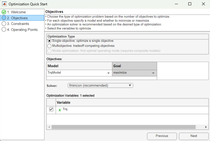Create optimization from model dialog with TrqModel model selected on the objectives tab.