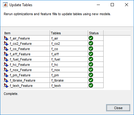 Update table dialog box indicating green checks for all tables