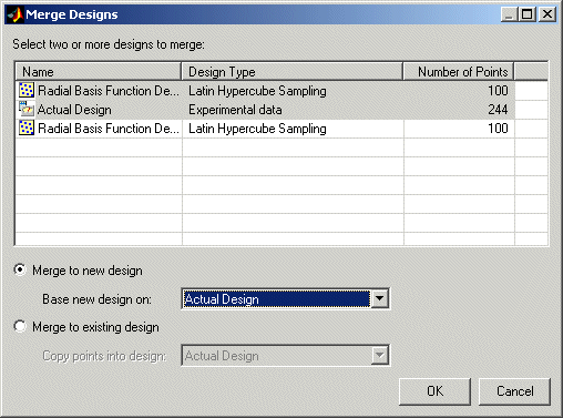 Merge Designs dialog box with two designs selected to merge.