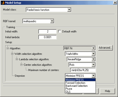 Model Setup window for Radial Basis Function with options for RBF kernel, training parameters, algorithms, and stepwise selection.