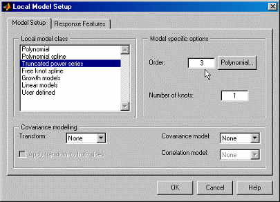 Local Model Setup dialog with Local model class options on the left, ‘Truncated power series’ selected. Right panel shows model-specific options: Order set to 3 and Number of knots set to 1. Bottom section includes covariance modelling settings. Buttons: OK, Cancel, Help.