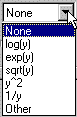 Dropdown menu showing transformation options: None, log(y), exp(y), sqrt(y), y^2, 1/y, and Other.