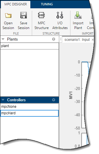 Upper right part of the MPC Designer window, showing the controller section, with the two controllers "mpcNone" and "mpcHard".
