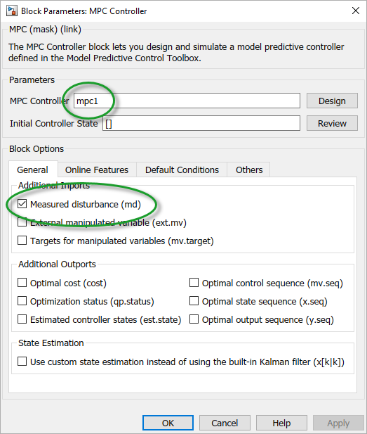 MPC Controller Block Parameters dialog box.