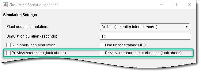 Simulation Scenario dialog box of the MPC Designer app.