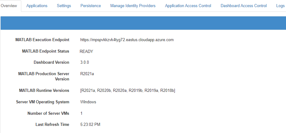 MATLAB Production Server BYOL dashboard overview tab containing information about the server