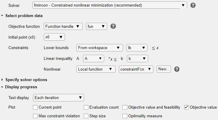 fmincon solver, objective function handle fun, initial point x0, lower bounds lb, linear inequality constraints A and b, nonlinear local function constraintFcn, display each iteration, plot objective value