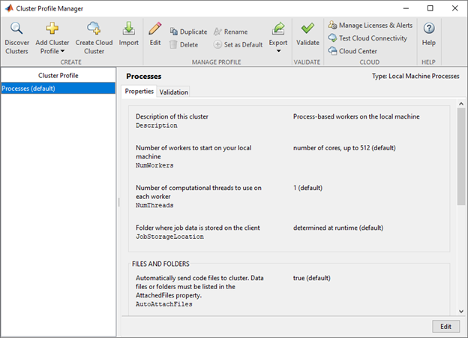 The Cluster Profile Manager, showing the Create, Manage Profile, Validate, Cloud, and Help sections at the top, and details of the cluster profiles below.