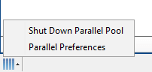 The parallel pool status indicator indicating that a pool is running, showing the start parallel pool and parallel preferences menu options.
