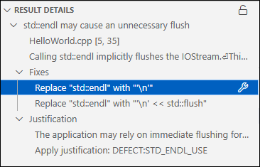 Result Details view with two fixes and the options available.