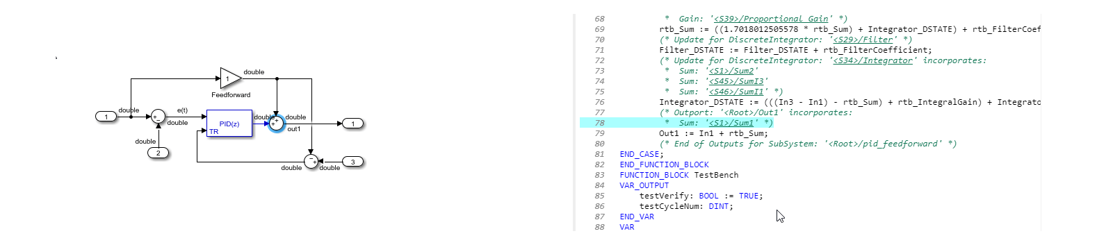 Click on highlighted block and corresponding line is highlighted in the generated code.