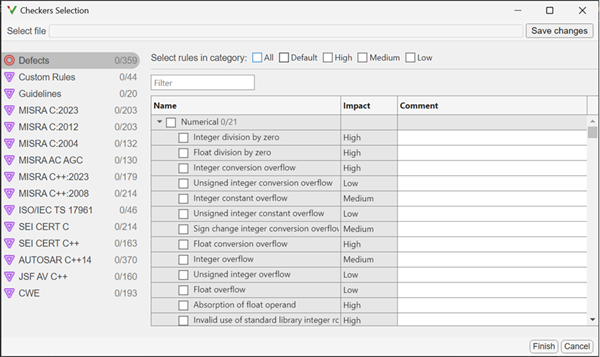 Polyspace Checkers selection interface