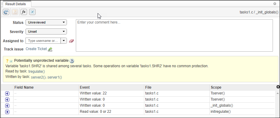 The Result Details pane shows that the variable SHR2 is shared among several tasks and some of the operations on SHR2 are not protected against concurrent access. The Result Details pane also shows the possibly conflicting operations.