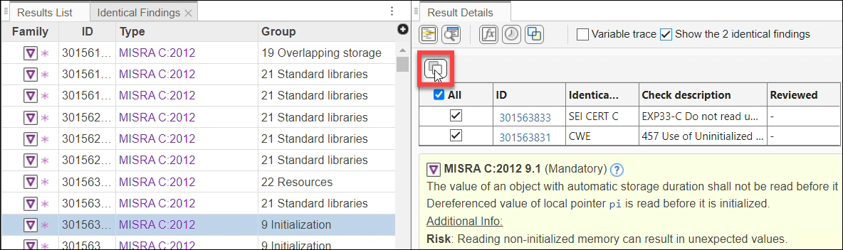 select finding and then show identical findings.