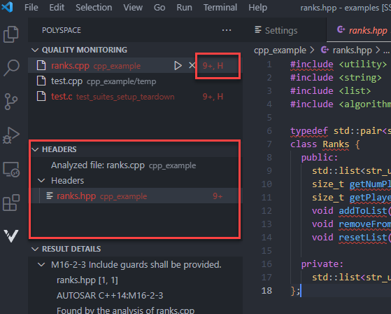 Polyspace as You Code Headers view in VSCode