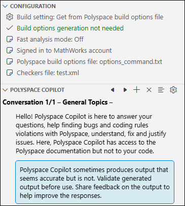 Polyspace Copilot pane in the Visual Studio Code sidebar.