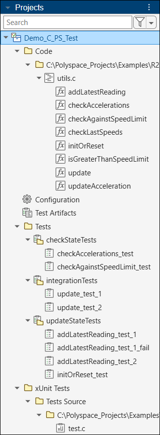 Demo project shows function names after code parsing.