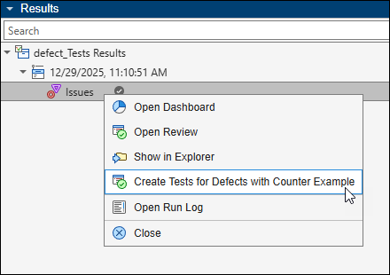 Right-click Issues node on Results pane to see the option to create tests from defects.