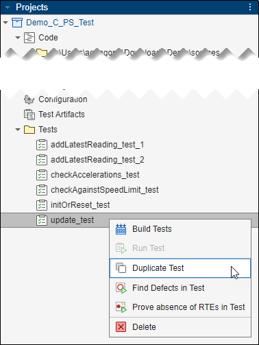 Right-clicking a test under the Tests node of a project shows the option Duplicate Test.