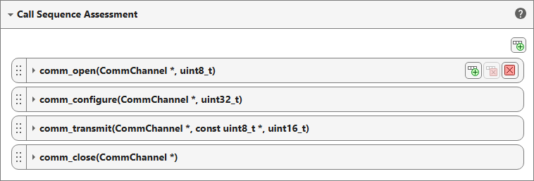 Call Sequence Assessment section of a test case, showing the expected order of the functions comm_open, comm_configure, comm_transmit, and comm_close.