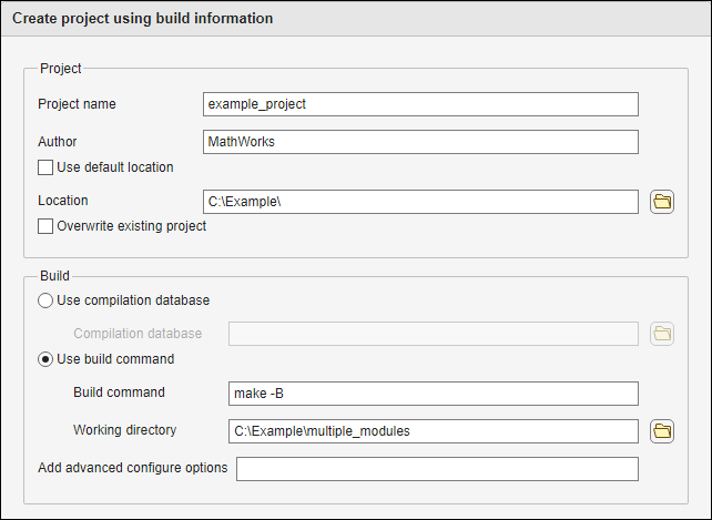 Create project using build information window with build command