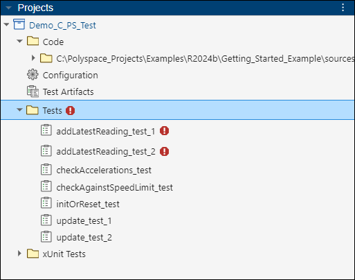Test validation errors shown in project tree. Invalid tests show an