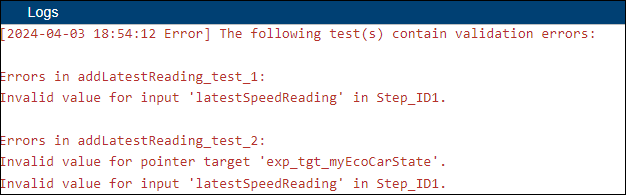 Test validation errors shown on Logs pane.