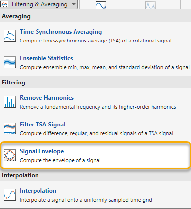 Filtering & Averaging menu. Signal Envelope is the second item from the bottom.